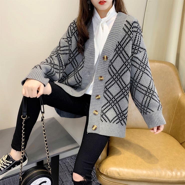 GroudY ロングニットカーディガン 黒とグレー チェック柄 チェック柄オーバーサイズニットカーディガン【韓国ファッション