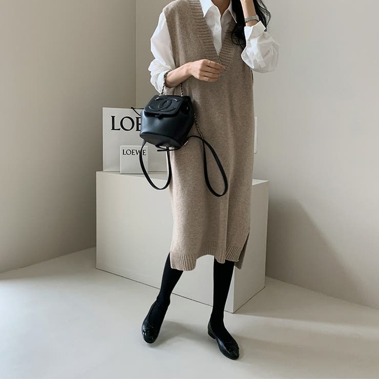 ベスト付 ワンピース スーツ 2点SET 大人っぽい 韓国 n1071 大きいサイズ 2点セット（ロングニットベスト+ロングシャツ