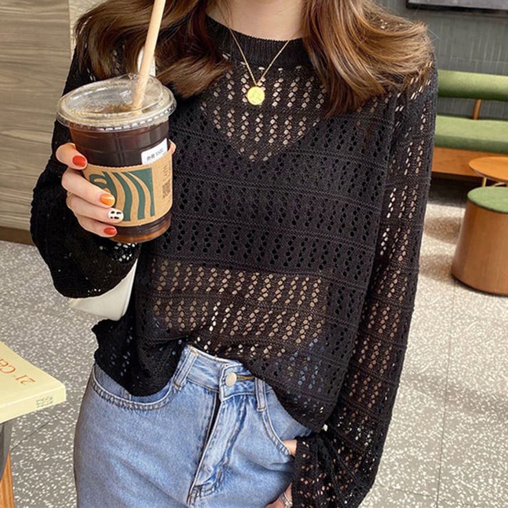 ブラック | 透かし編みニットプルオーバー【韓国ファッション】 | Girly Doll