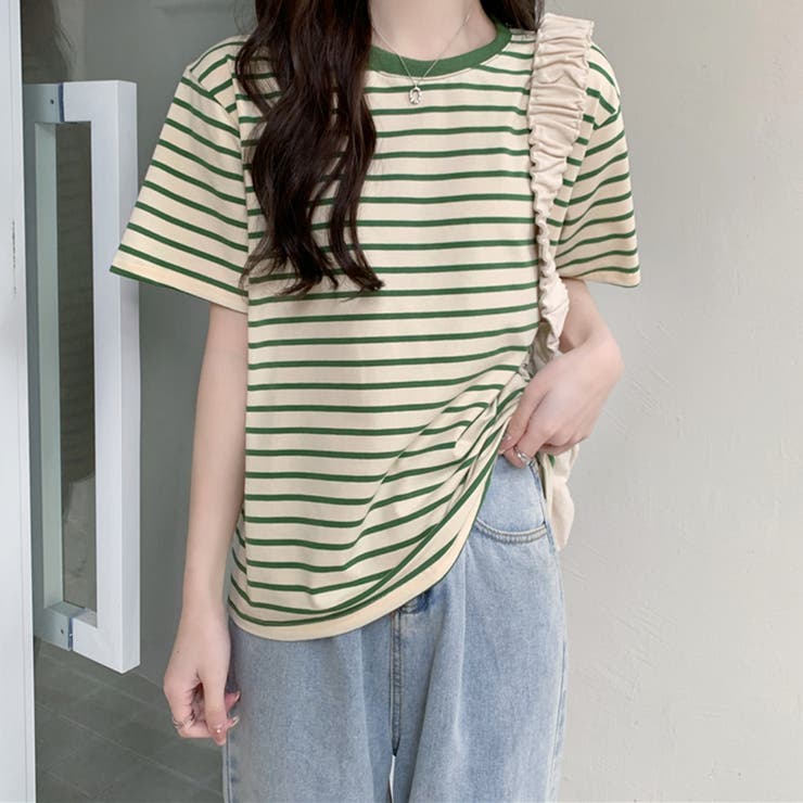 韓国 ファッション トレンド ボーダーチェックシャツ 2色 Tシャツ レディース トップス ボーダー柄 韓国ファッション[品番