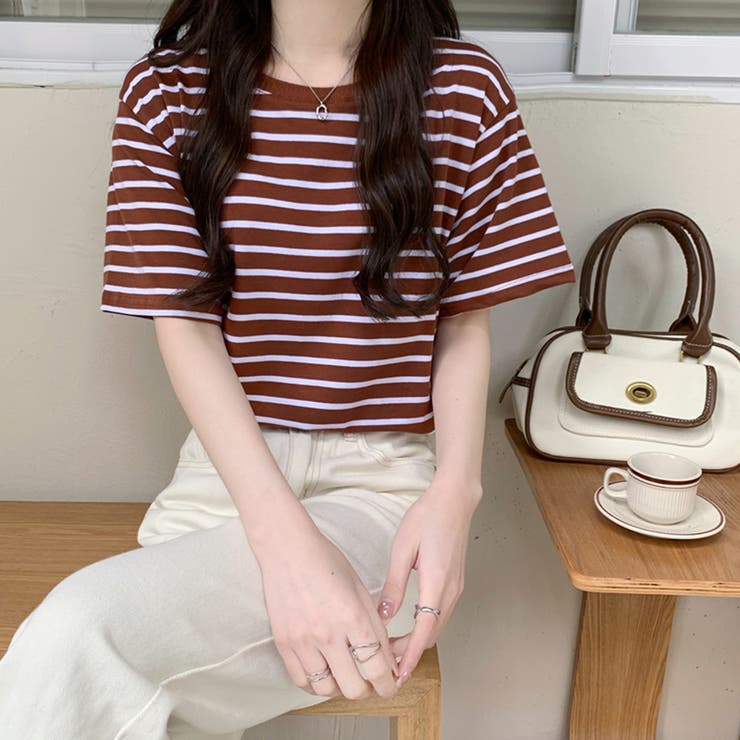 韓国 ファッション トレンド ボーダーチェックシャツ 2色 Tシャツ レディース トップス ボーダー柄 韓国ファッション[品番