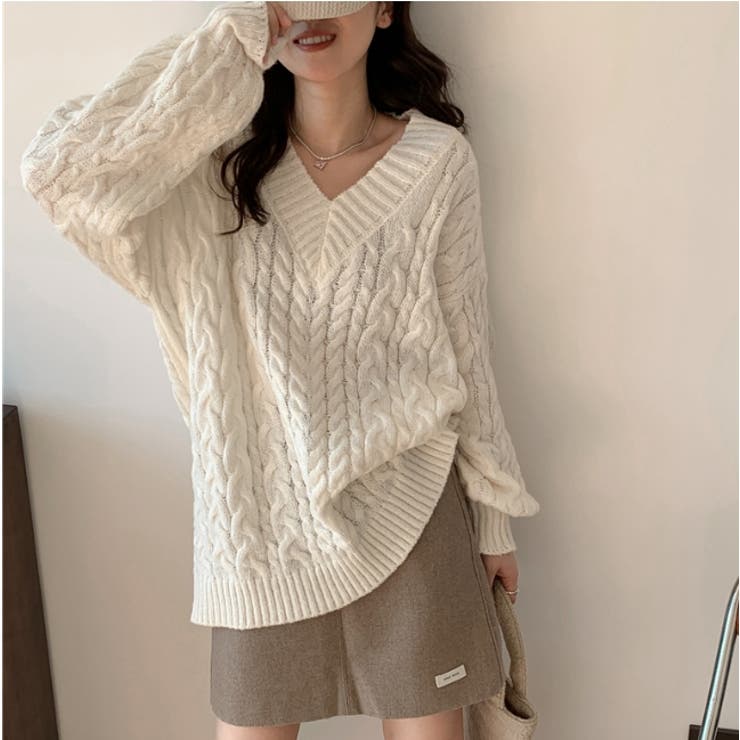 Vネックケーブルニット[品番：ZJ000023361]｜Girly Doll（ガーリー