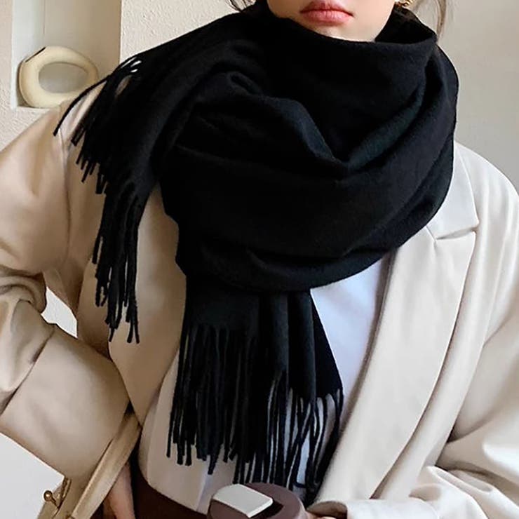 ブラック | フリンジ大判マフラー ストール | Girly Doll