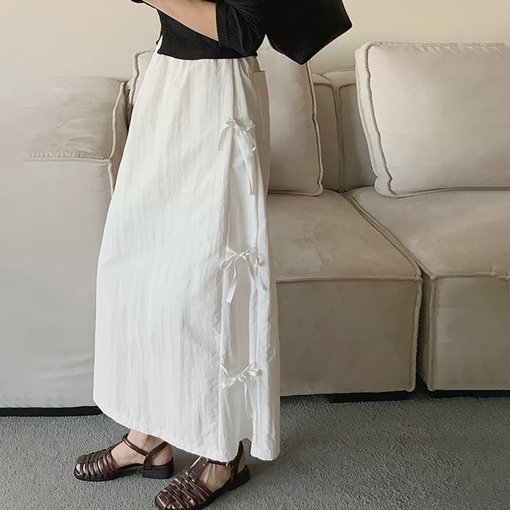 ホワイト | リボンロングスカート【韓国ファッション】 | Girly Doll