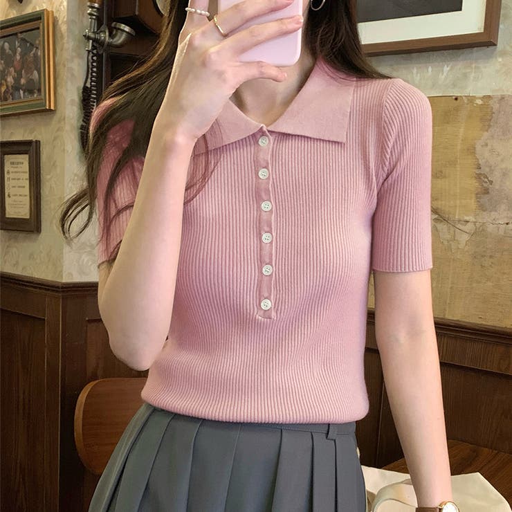 ガーリードール Girly Doll 襟付き半袖サマーニット （ピンク