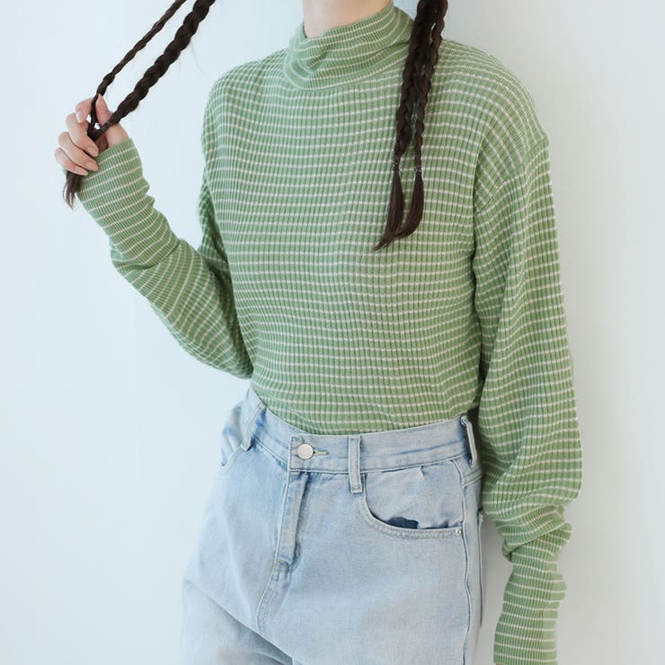 グリーン×アイボリー | ボーダーハイネックニット | Doula Doula