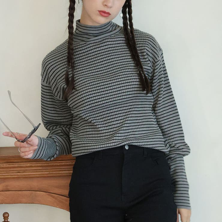 グレー×ブラック | ボーダーハイネックニット | Doula Doula