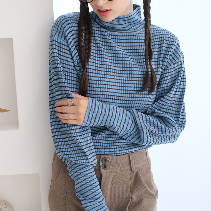 ダスティブルー×ライトブラウン | ボーダーハイネックニット | Doula Doula