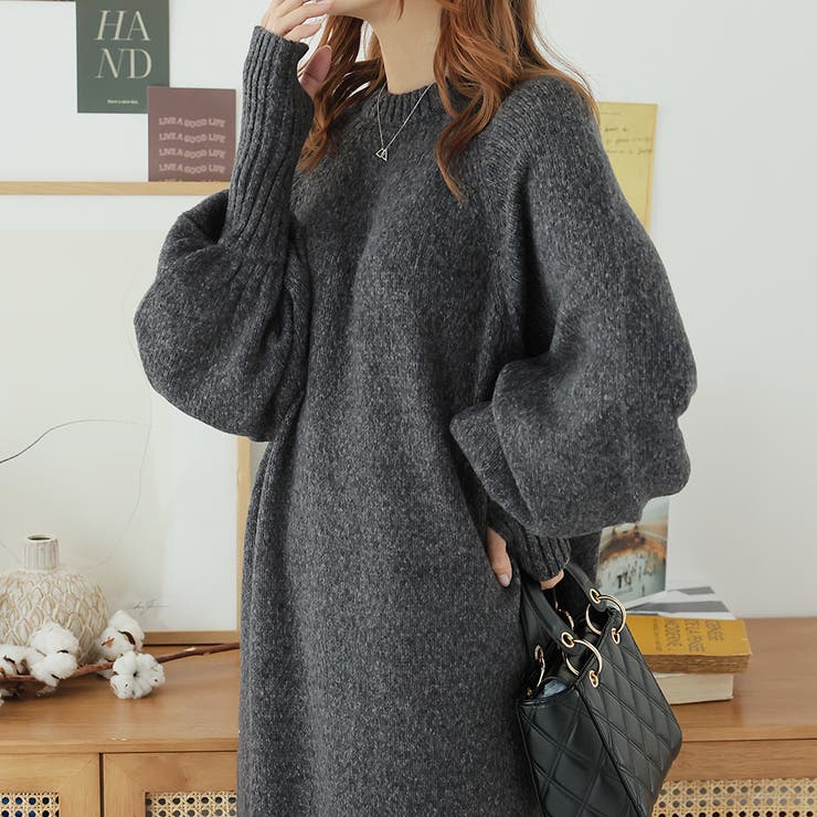 指ぬきボリューム袖クルーメランジニットワンピース | Girly Doll | 詳細画像15 