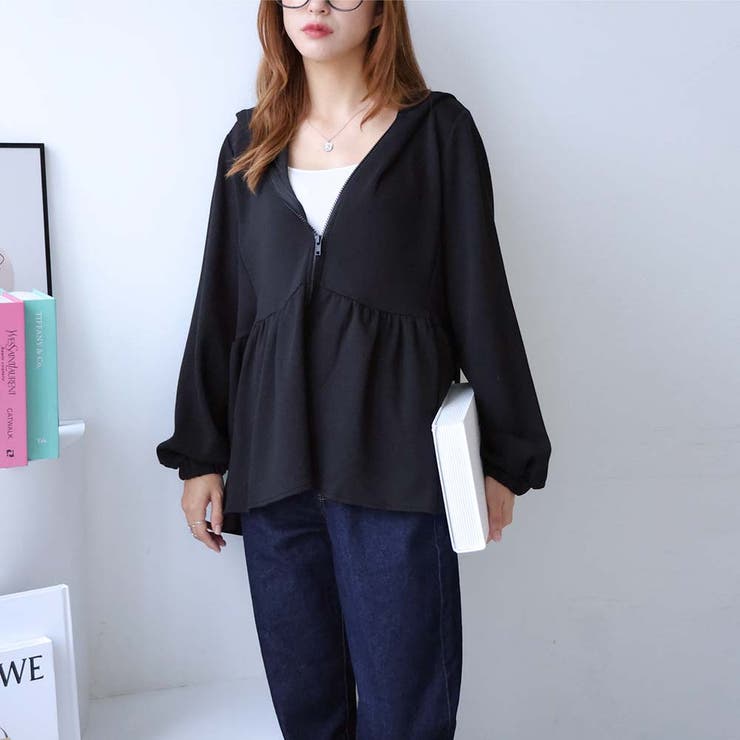 今季Super beauty ブラック ペプラムパーカー 42 エルフランク ELFRANK ペプラムジップアップパーカー【洗える