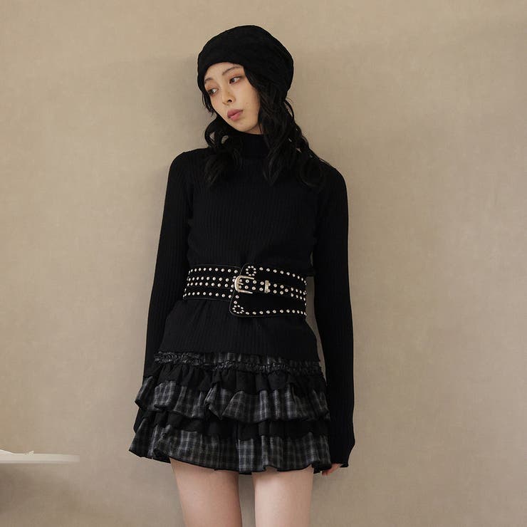 ブラック | ボトルネックワイドリブニットプルオーバー | Girly Doll