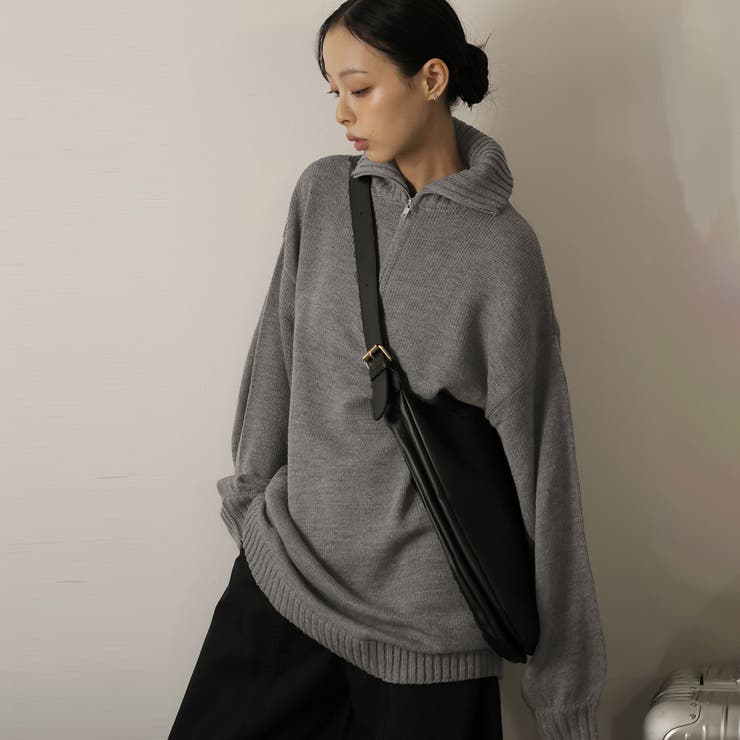 杢チャコール | リサイクルポリ ハーフジップニット | Girly Doll