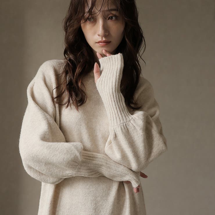 ナチュラル | 指ぬきボリューム袖クルーメランジニットワンピ | Girly Doll