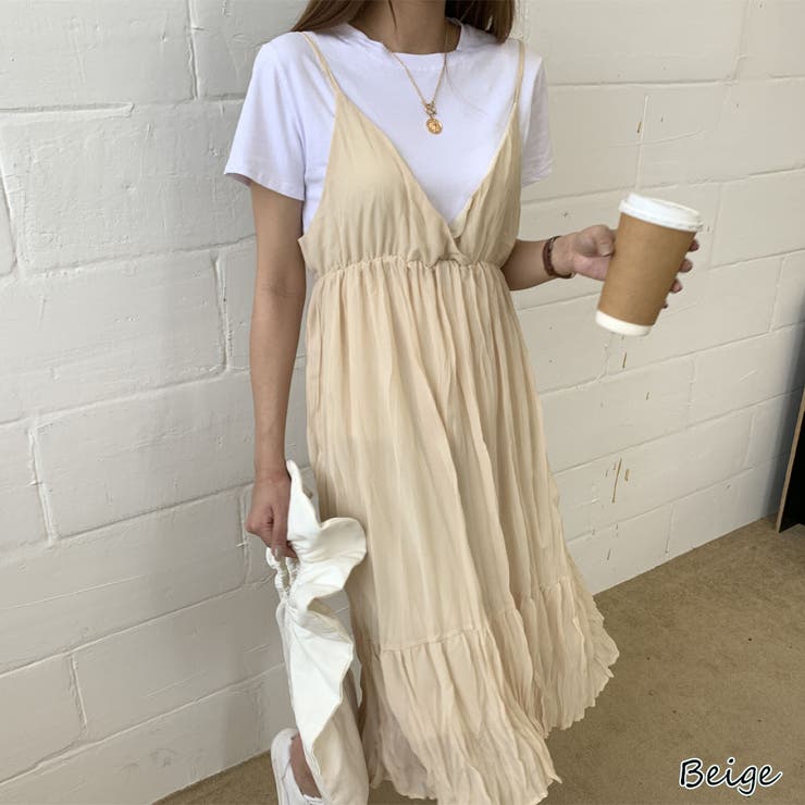 ベージュ | クリンクルキャミワンピース【韓国ファッション】 | Girly Doll