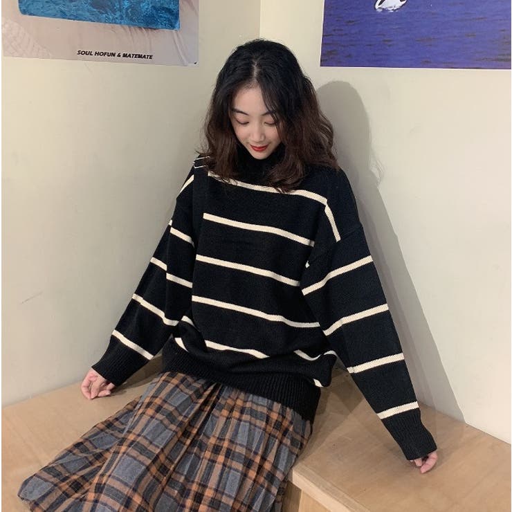 セットアップ ボーダーニット＆チェックプリーツスカート【韓国