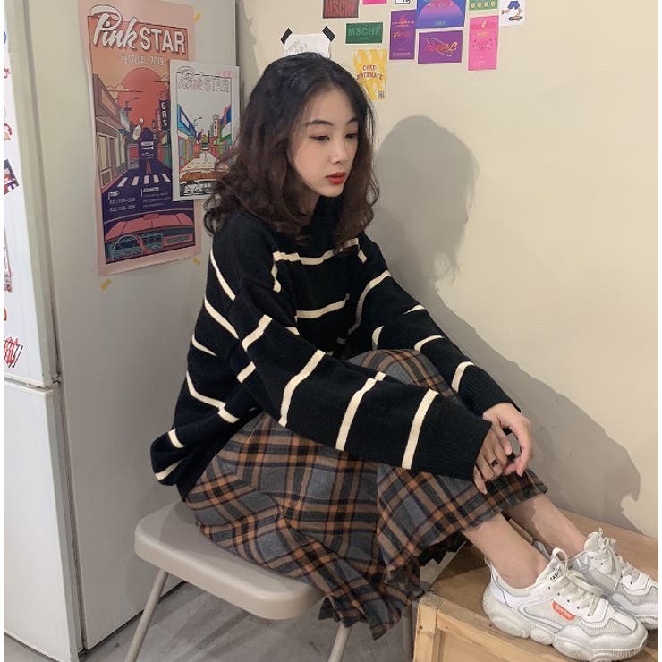 セットアップ ボーダーニット＆チェックプリーツスカート【韓国