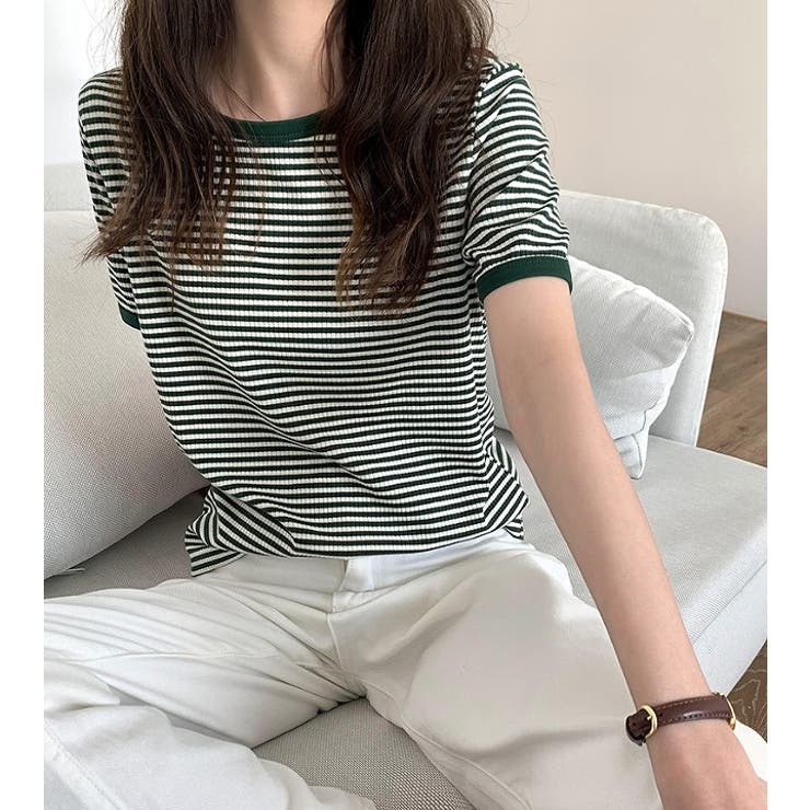 グリーン | ボーダー半袖Ｔシャツ【韓国ファッション】 | Girly Doll