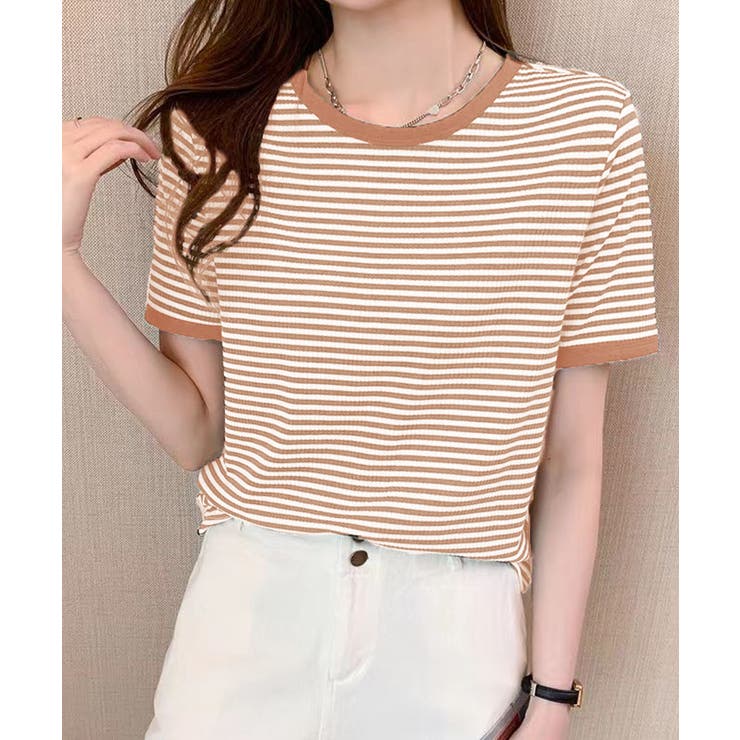 ピンクベージュ | ボーダー半袖Ｔシャツ【韓国ファッション】 | Girly Doll