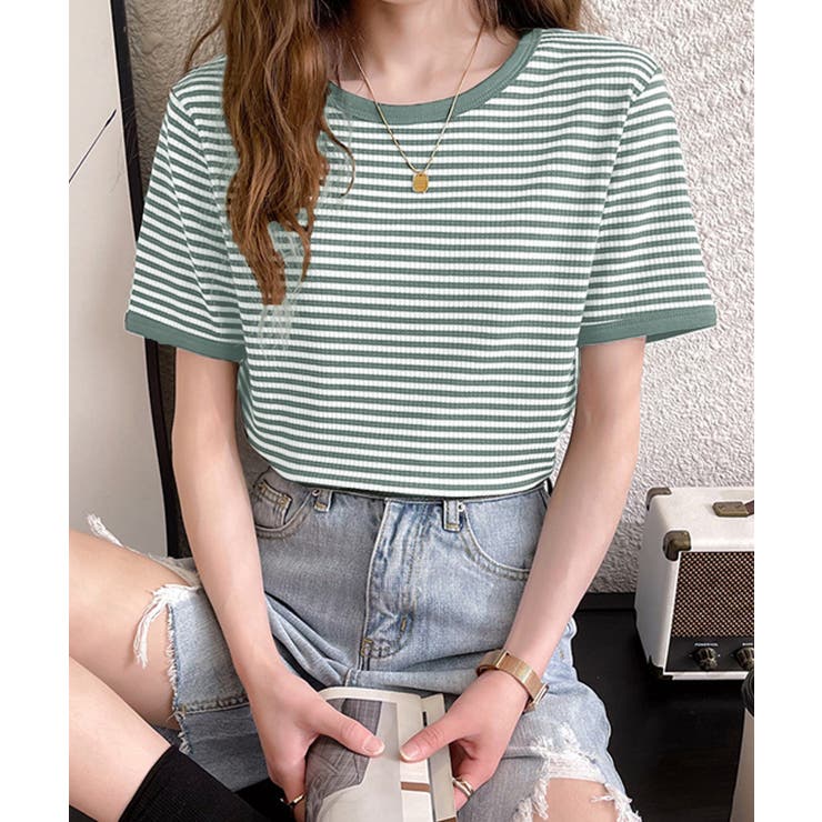 ブルーグレー | ボーダー半袖Ｔシャツ【韓国ファッション】 | Girly Doll