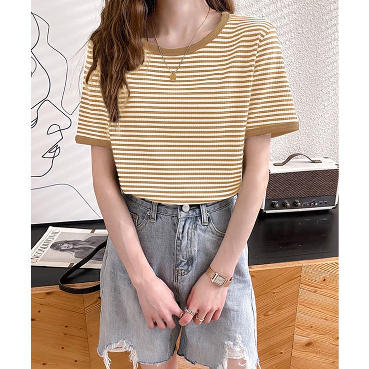 ダークベージュ | ボーダー半袖Ｔシャツ【韓国ファッション】 | Girly Doll
