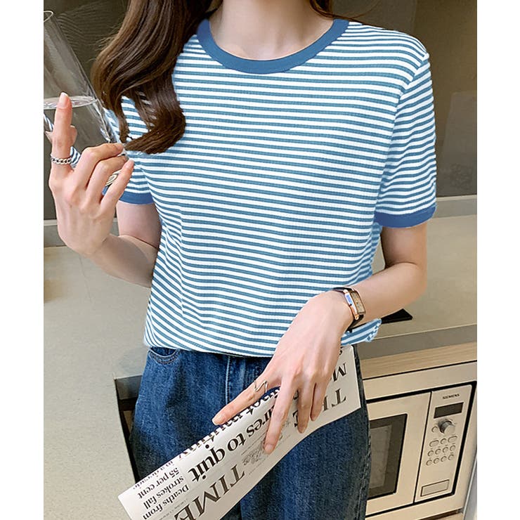 ブルー | ボーダー半袖Ｔシャツ【韓国ファッション】 | Girly Doll