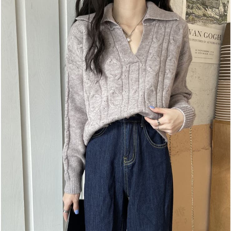 襟つきケーブルニット・セーター【韓国ファッション】