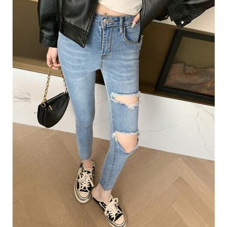 韓国ソンスEQL SALTY PEBBLE レイヤードスカートデニムパンツ セール】Side lace line straight denim pants / サイドレース