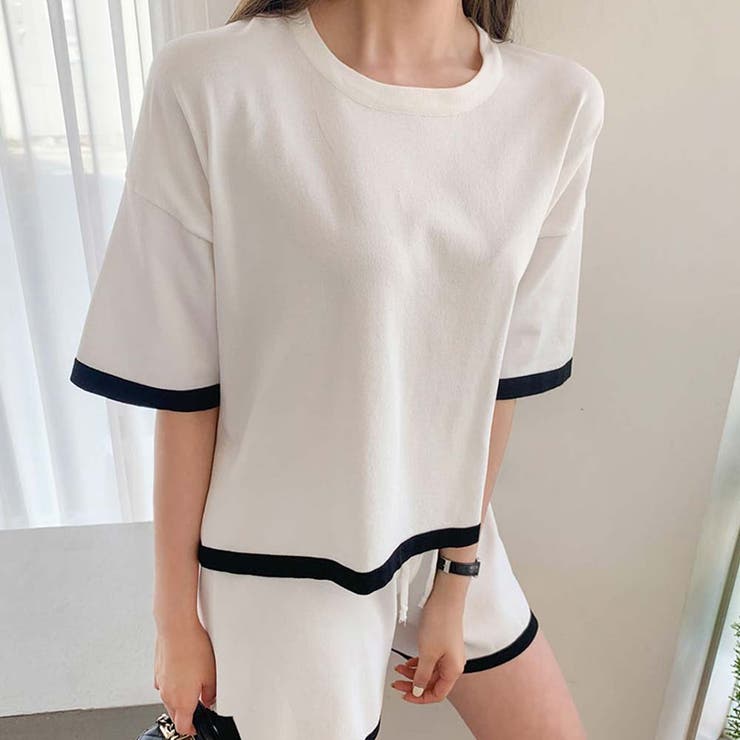 2点セット パイピングカラー半袖ニットトップス＆ショートパンツセットアップ【韓国… | Girly Doll | 詳細画像4 