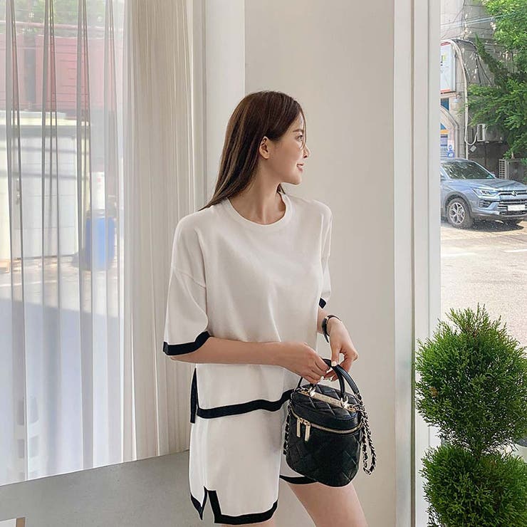 2点セット パイピングカラー半袖ニットトップス＆ショートパンツセットアップ【韓国… | Girly Doll | 詳細画像9 