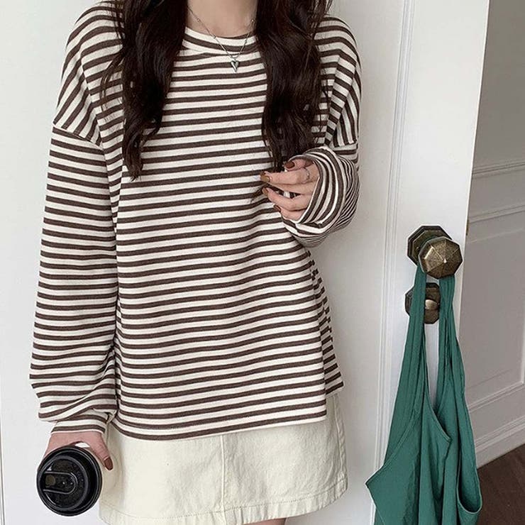 ブラウン | ボーダーカットソー【韓国ファッション】【春夏新商品】 | Girly Doll