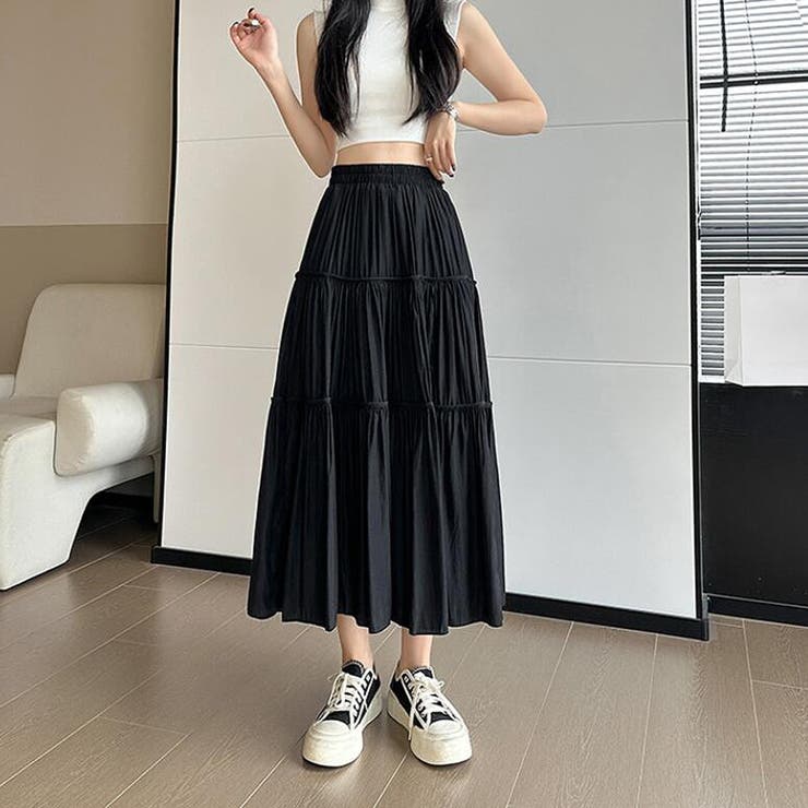 ブラック | ティアードフレアスカート【韓国ファッション】 | Girly Doll