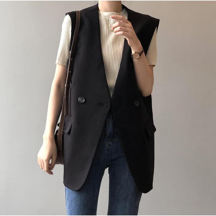 ノーカラージレ・ベスト【韓国ファッション】[品番:ZJ000022859 ノーカラージレ・ベスト【韓国ファッション】[品番:ZJ000022859