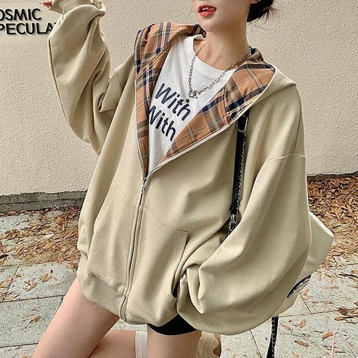 ジップアップチェック柄パーカー【韓国ファッション】[品番