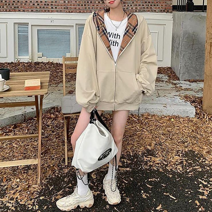 ジップアップチェック柄パーカー【韓国ファッション】[品番