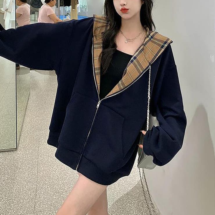 ジップアップチェック柄パーカー【韓国ファッション】[品番