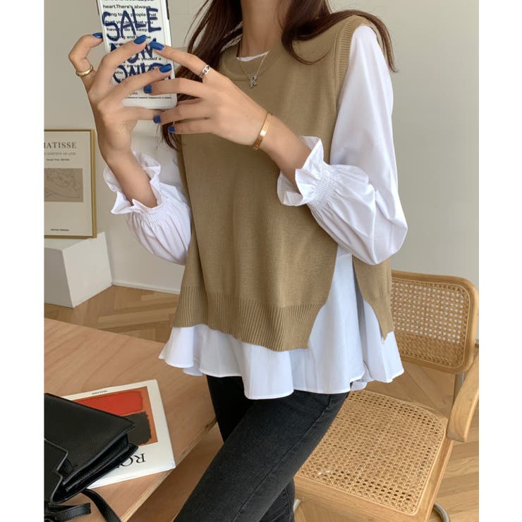 レイヤードが楽しめる！ニットベスト・ブラウス2枚セット【韓国ファッション】 | Girly Doll | 詳細画像12 