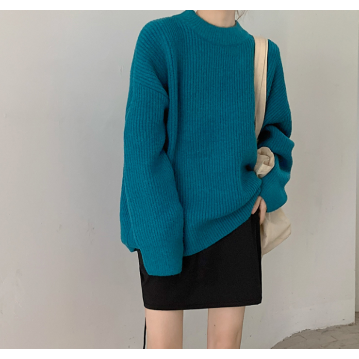 ブルー | クルーネックリブオーバーニット【韓国ファッション】 | Girly Doll