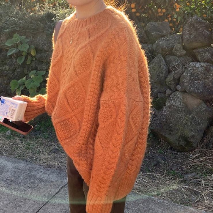 オレンジ | ケーブルオーバーニット【韓国ファッション】 | Girly Doll