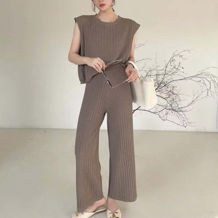 リブトップス＋パンツ セットアップ【韓国ファッション】[品番