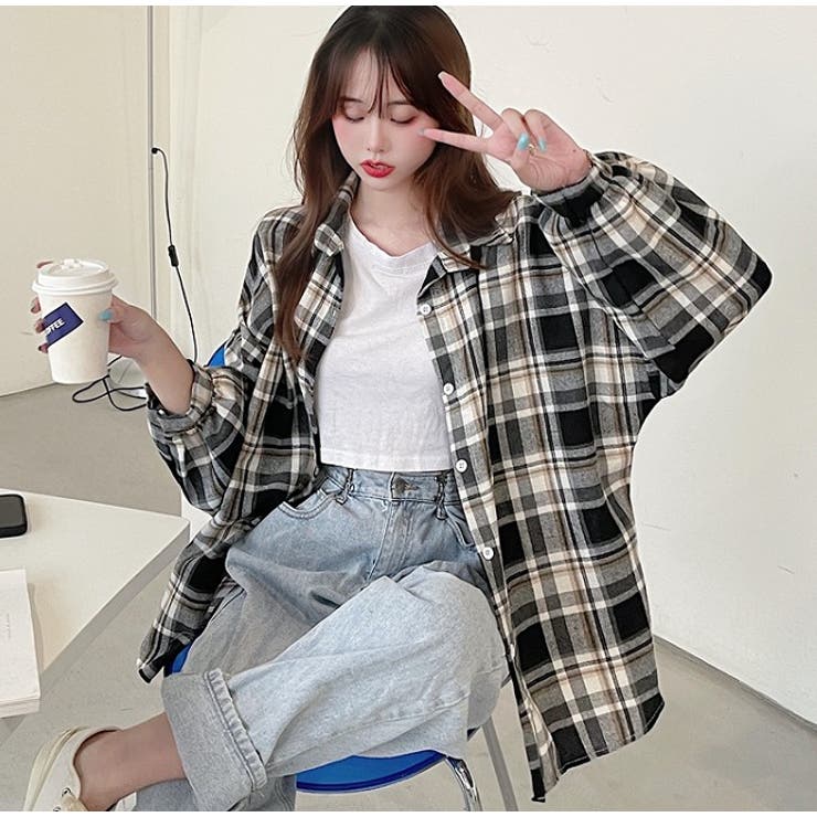 オーバーサイズチェックシャツ【韓国ファッション】[品番