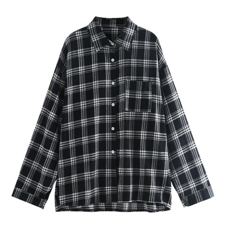 韓国 秋 レディース チェック柄 モノトーン系 長袖 シャツ miniministore（ミニミニストア） チェック柄シャツ 起毛シャツ