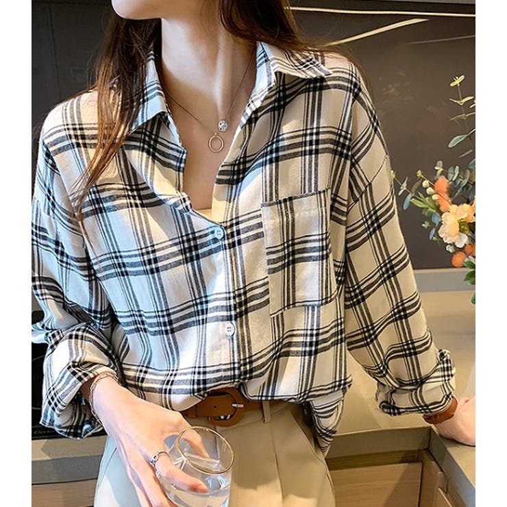 韓国 秋 レディース チェック柄 モノトーン系 長袖 シャツ miniministore（ミニミニストア） チェック柄シャツ 起毛シャツ