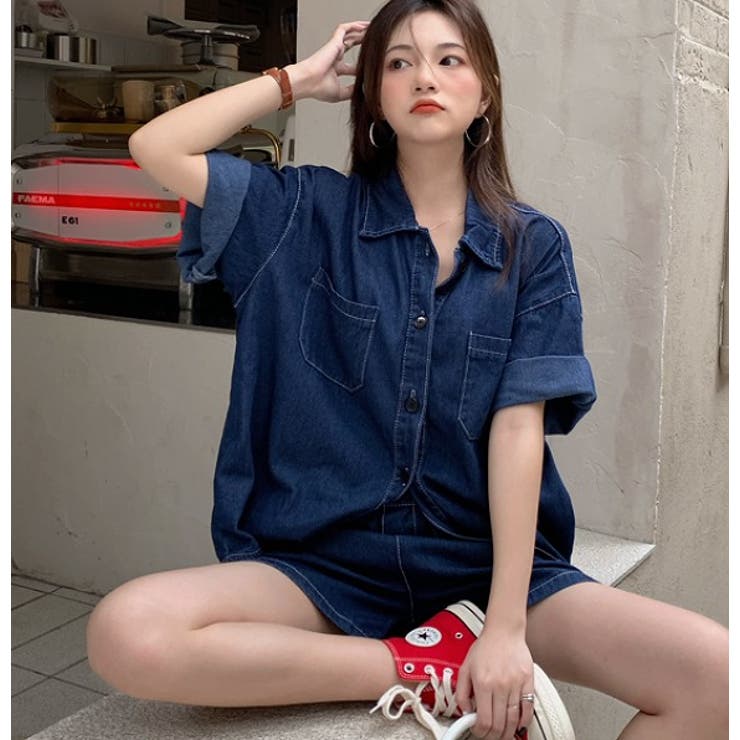 デニムシャツ＋ショートパンツ セットアップ【韓国ファッション
