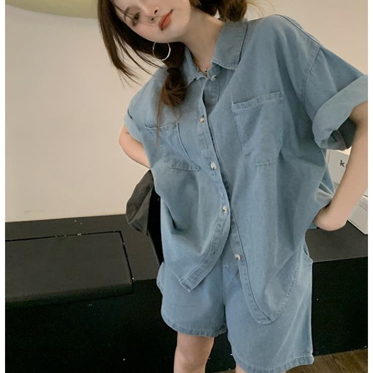 デニムシャツ＋ショートパンツ セットアップ【韓国ファッション