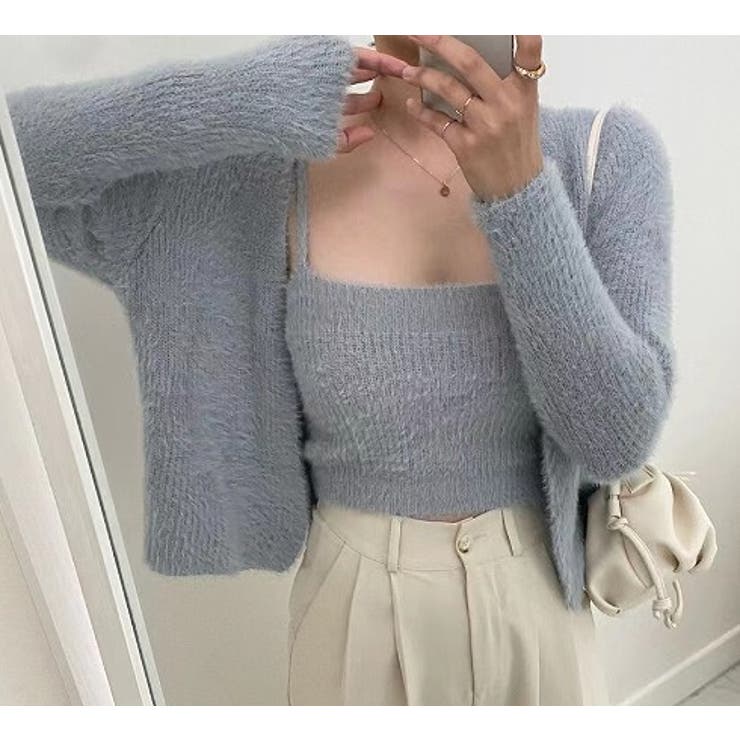 ライトグレー | シャギーニットトップス＋カーディガン 二枚セット【韓国ファッション】 | Girly Doll
