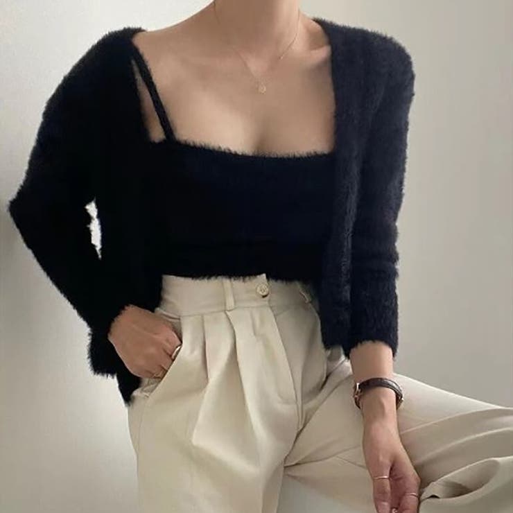 ブラック | シャギーニットトップス＋カーディガン 二枚セット【韓国ファッション】 | Doula Doula