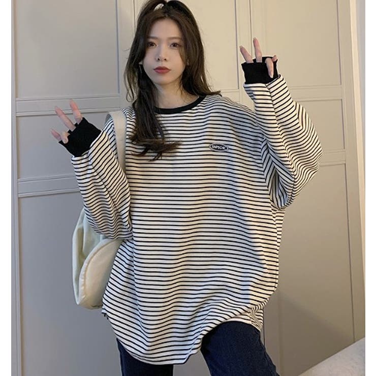 ボーダー長袖プルオーバーロングTシャツ【韓国ファッション】[品番