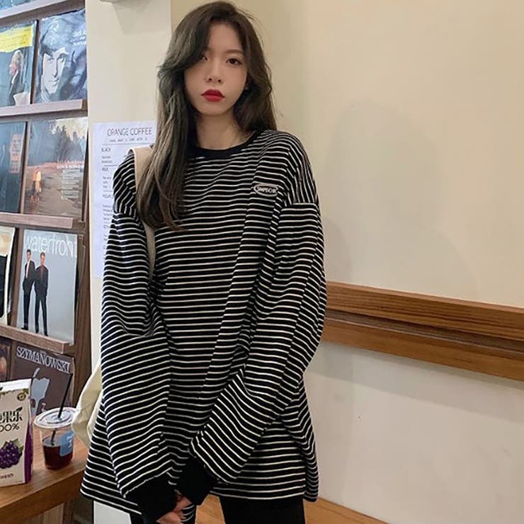 ボーダー長袖プルオーバーロングTシャツ【韓国ファッション】[品番