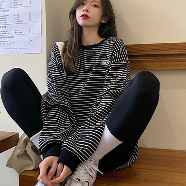 ボーダー長袖プルオーバーロングTシャツ【韓国ファッション】[品番