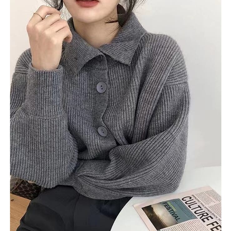 襟付きニットカーディガン【韓国ファッション】[品番